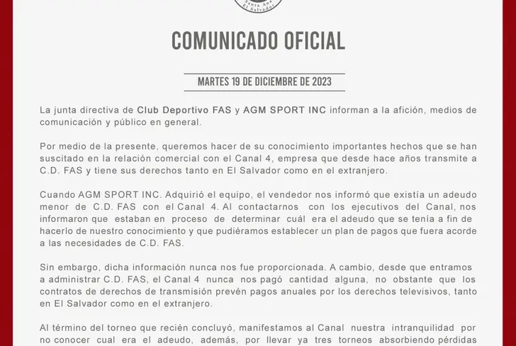 Vía Twitter: Club Deportivo FAS
