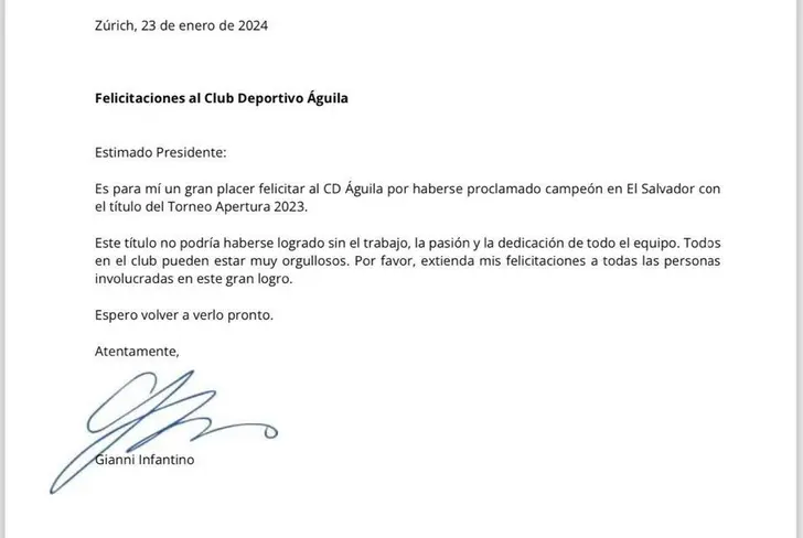 Carta de Gianni Infantino, presidente de la FIFA felicitando a CD Águila